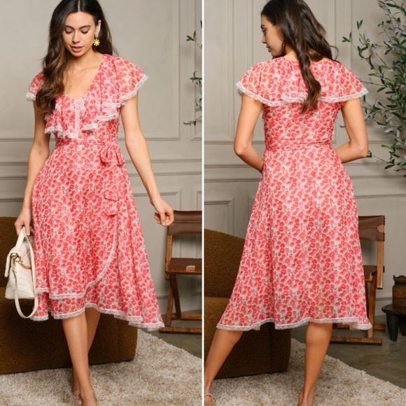 SHORT SLEEVE RUFFLE FLORAL MIDI DRESS - Picture 1 of 11